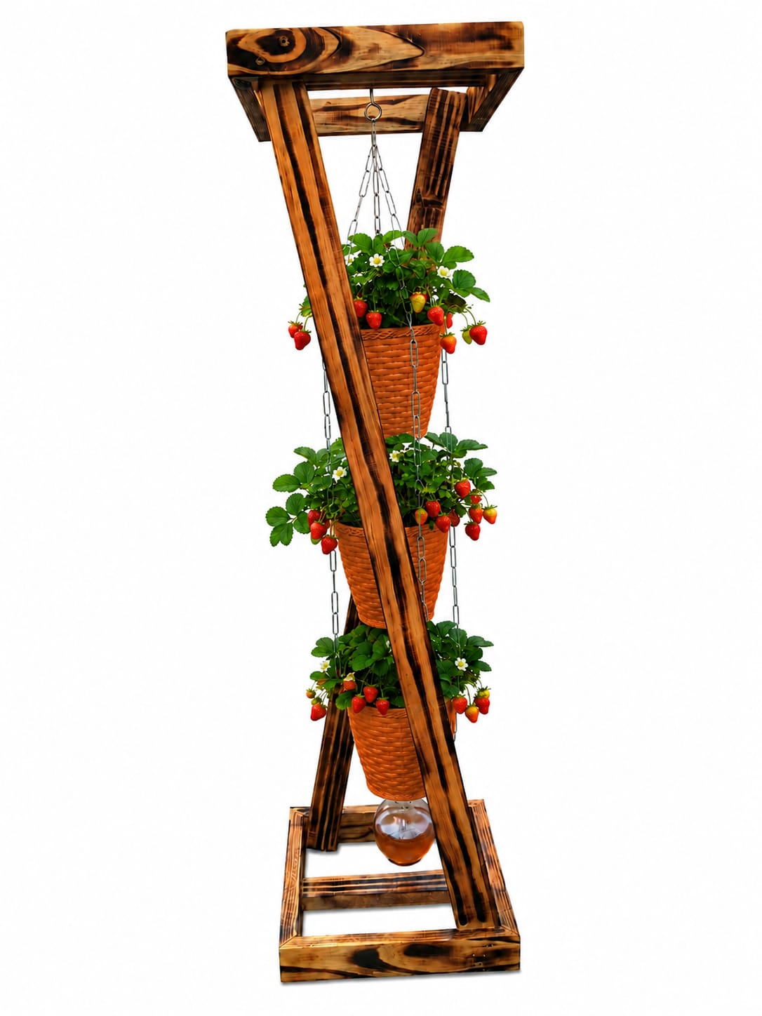 Jardim vertical de madeira com três vasos suspensos